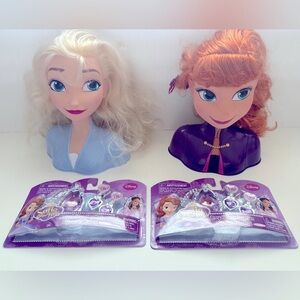 Disney Frozen Anna & Elsa Styling Heads with 2 NEW Disney Sofia Jewelry Bundle